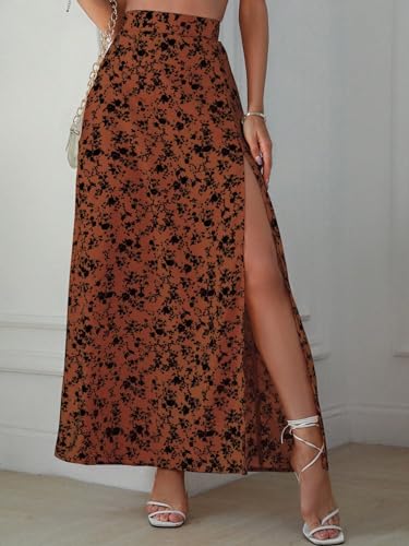Women's Sexy Boho Floral Split Thigh High Waist Swing Midi Skirt