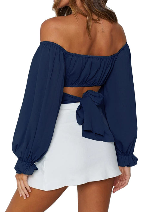 Women's Cute Off Shoulder Long Sleeve Self Tie Knot Crop Tube Top Blouse