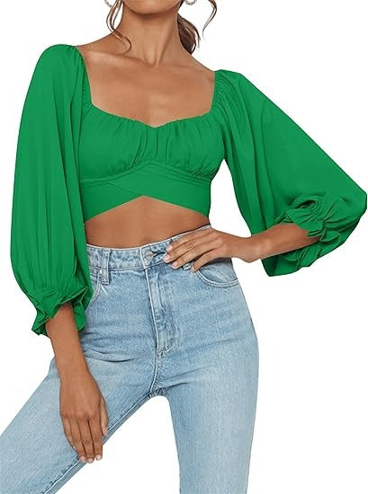 Women's Cute Off Shoulder Long Sleeve Self Tie Knot Crop Tube Top Blouse