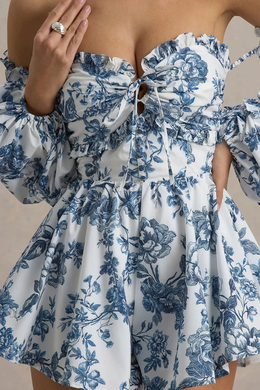 Blue Porcelain Print Ruffled Playsuit