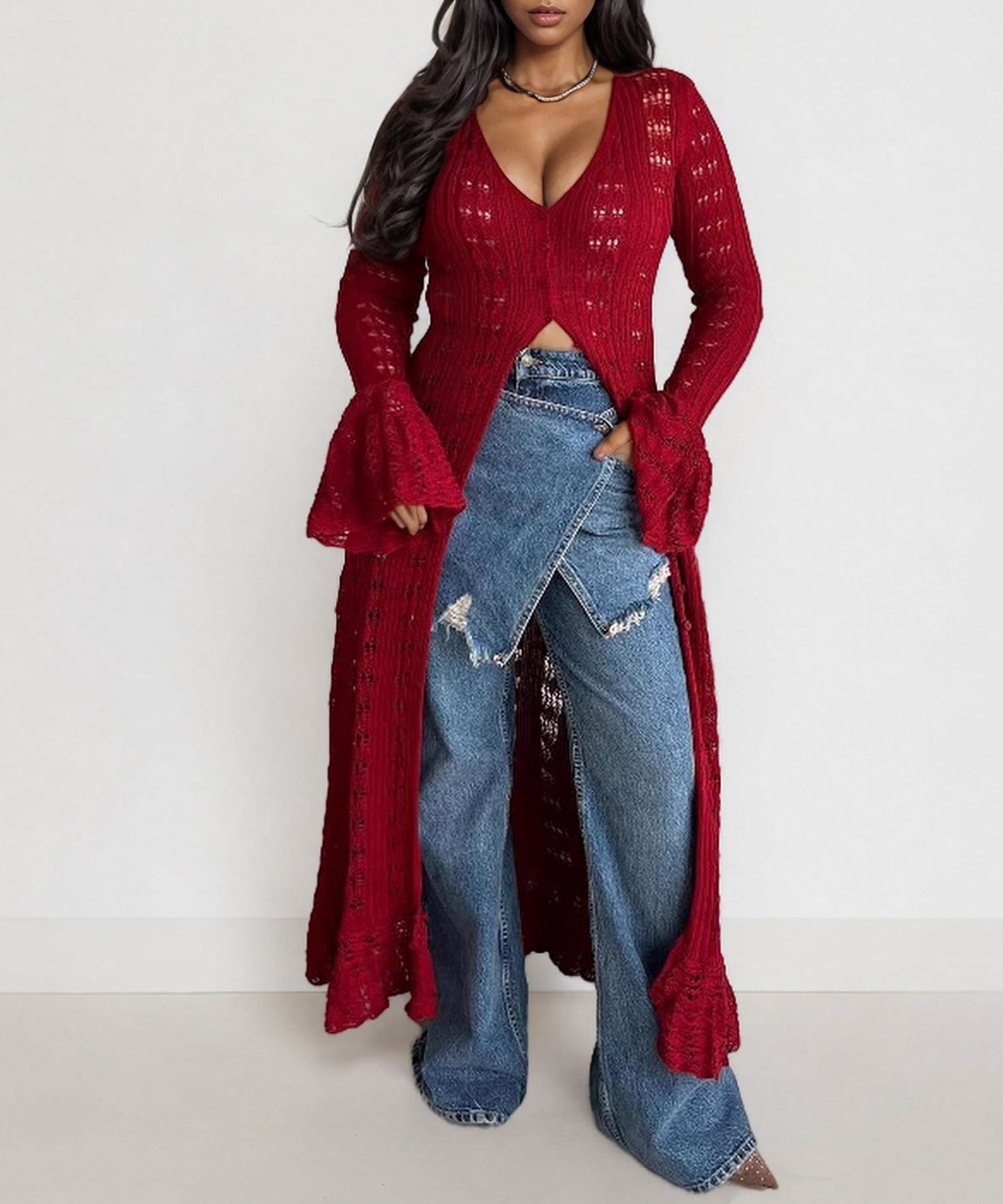 Hollow Out Knitted V Neck Long Sleeve Button Up Crochet Cardigans For Women
