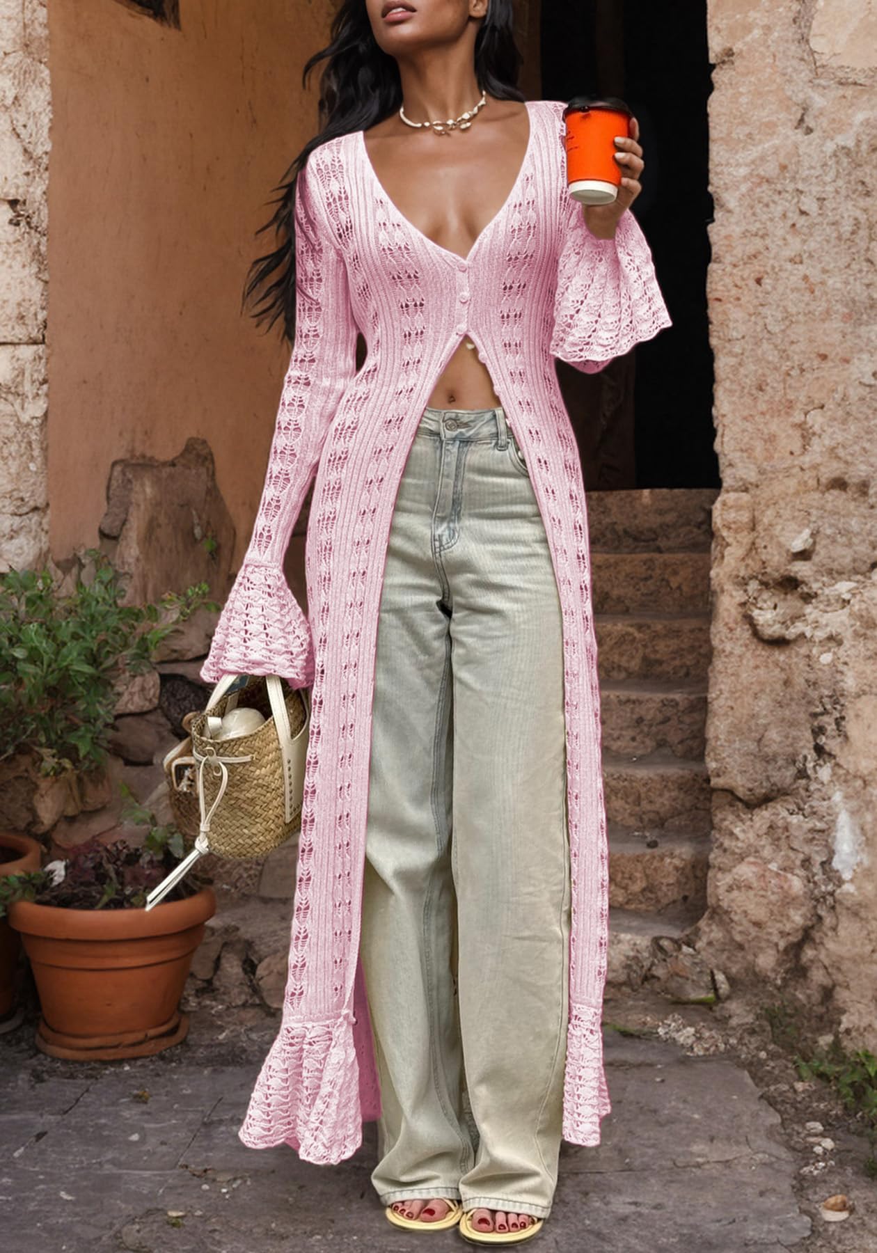 Hollow Out Knitted V Neck Long Sleeve Button Up Crochet Cardigans For Women
