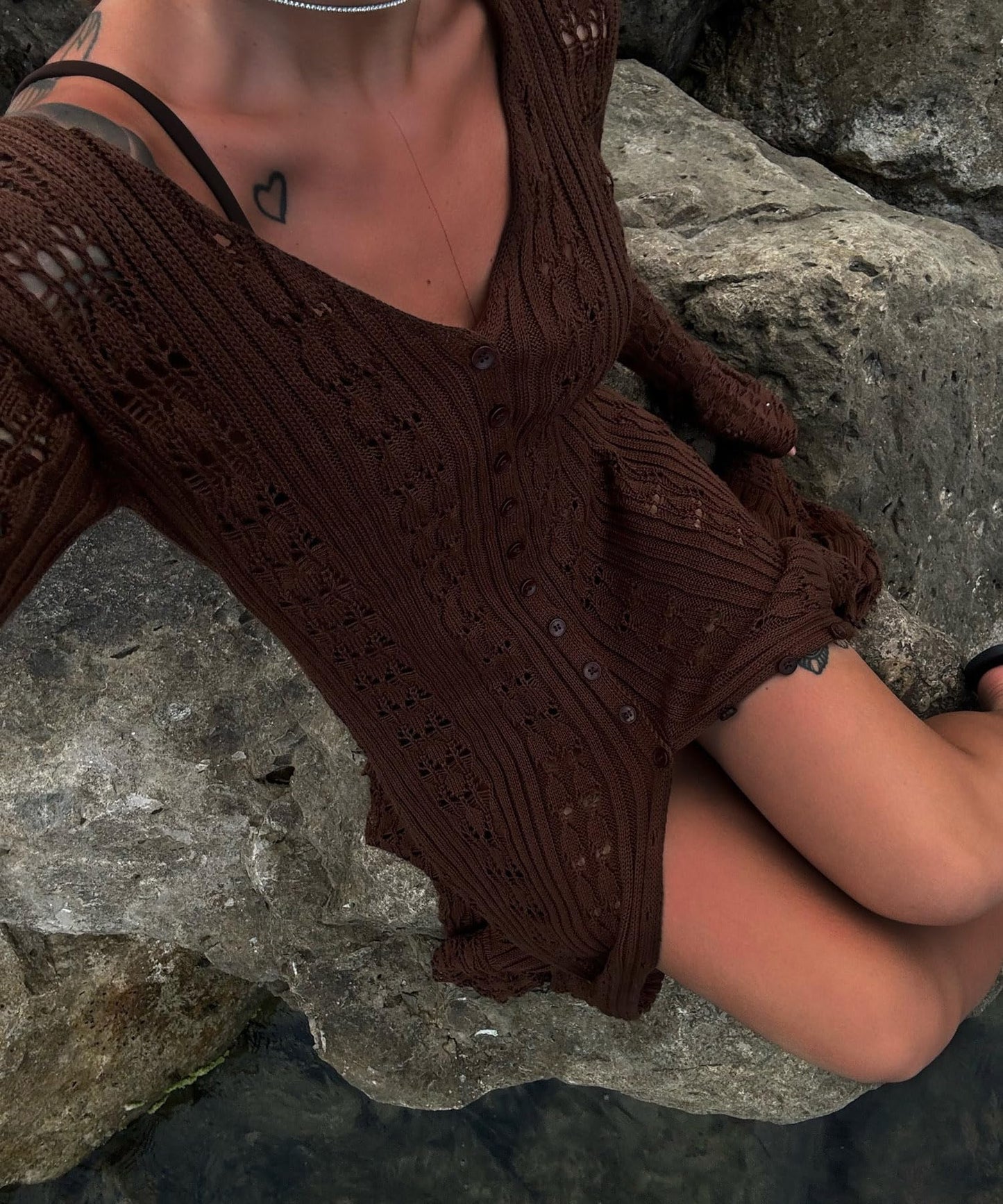Hollow Out Knitted V Neck Long Sleeve Button Up Crochet Cardigans For Women