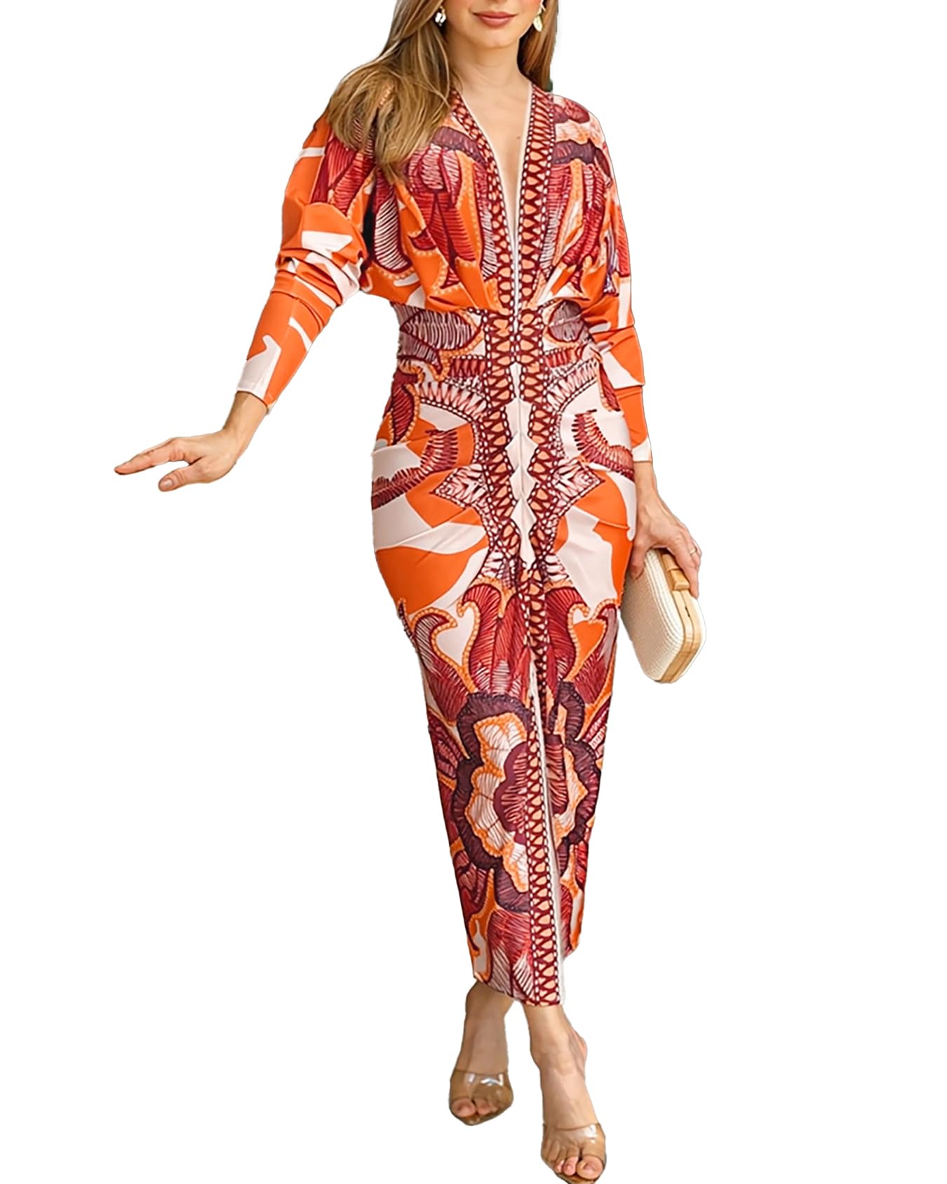 Bodycon Long Sleeve Dress Casual Plunge V Neck Ruched Midi Dress