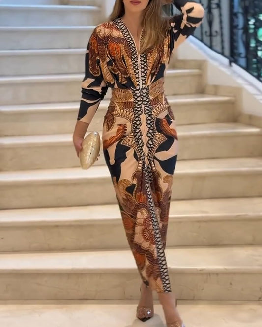 Bodycon Long Sleeve Dress Casual Plunge V Neck Ruched Midi Dress