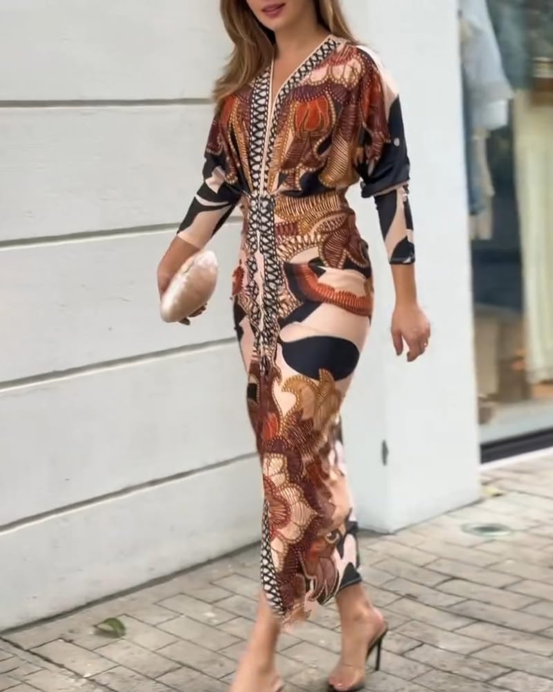 Bodycon Long Sleeve Dress Casual Plunge V Neck Ruched Midi Dress
