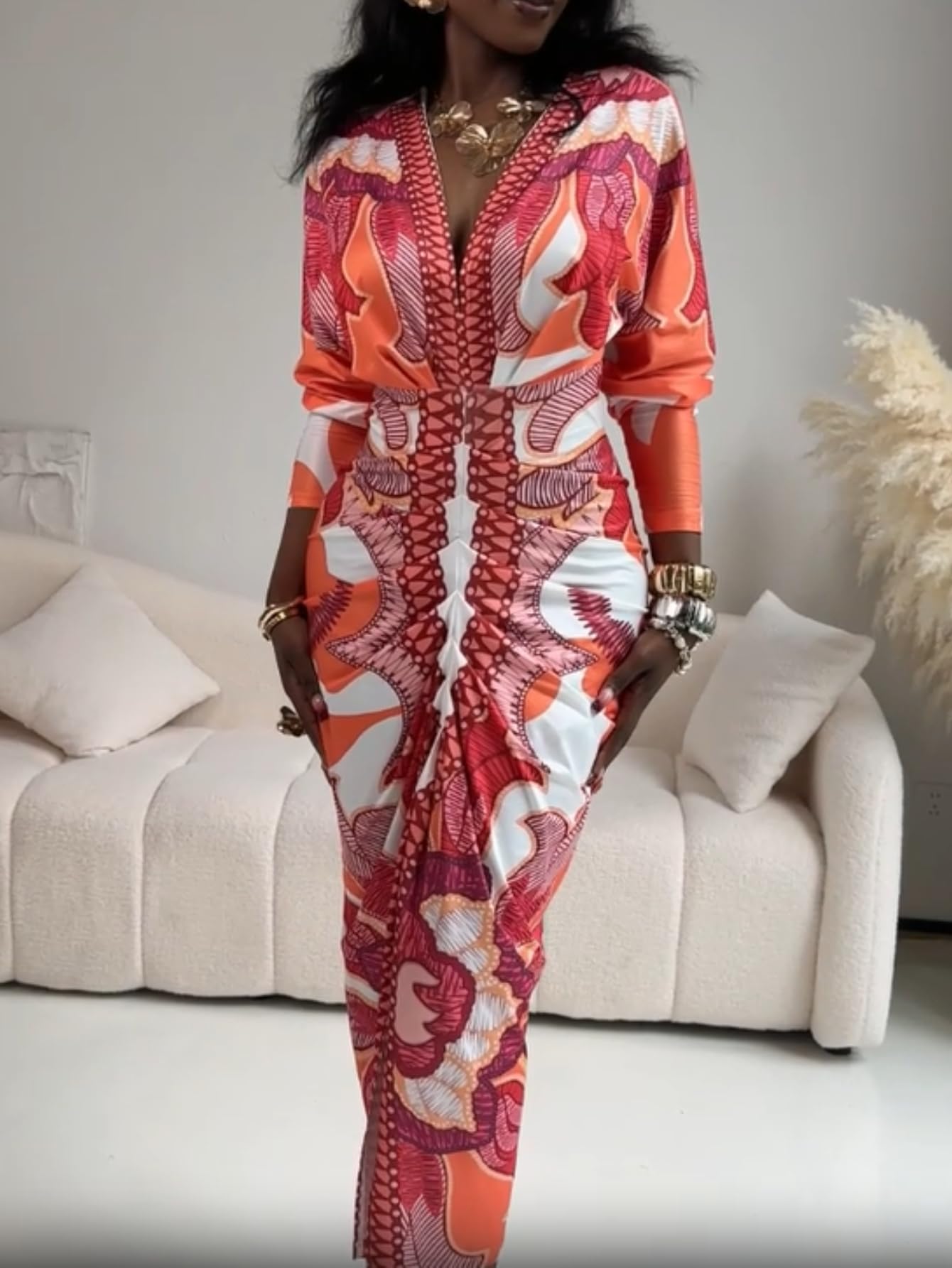 Bodycon Long Sleeve Dress Casual Plunge V Neck Ruched Midi Dress