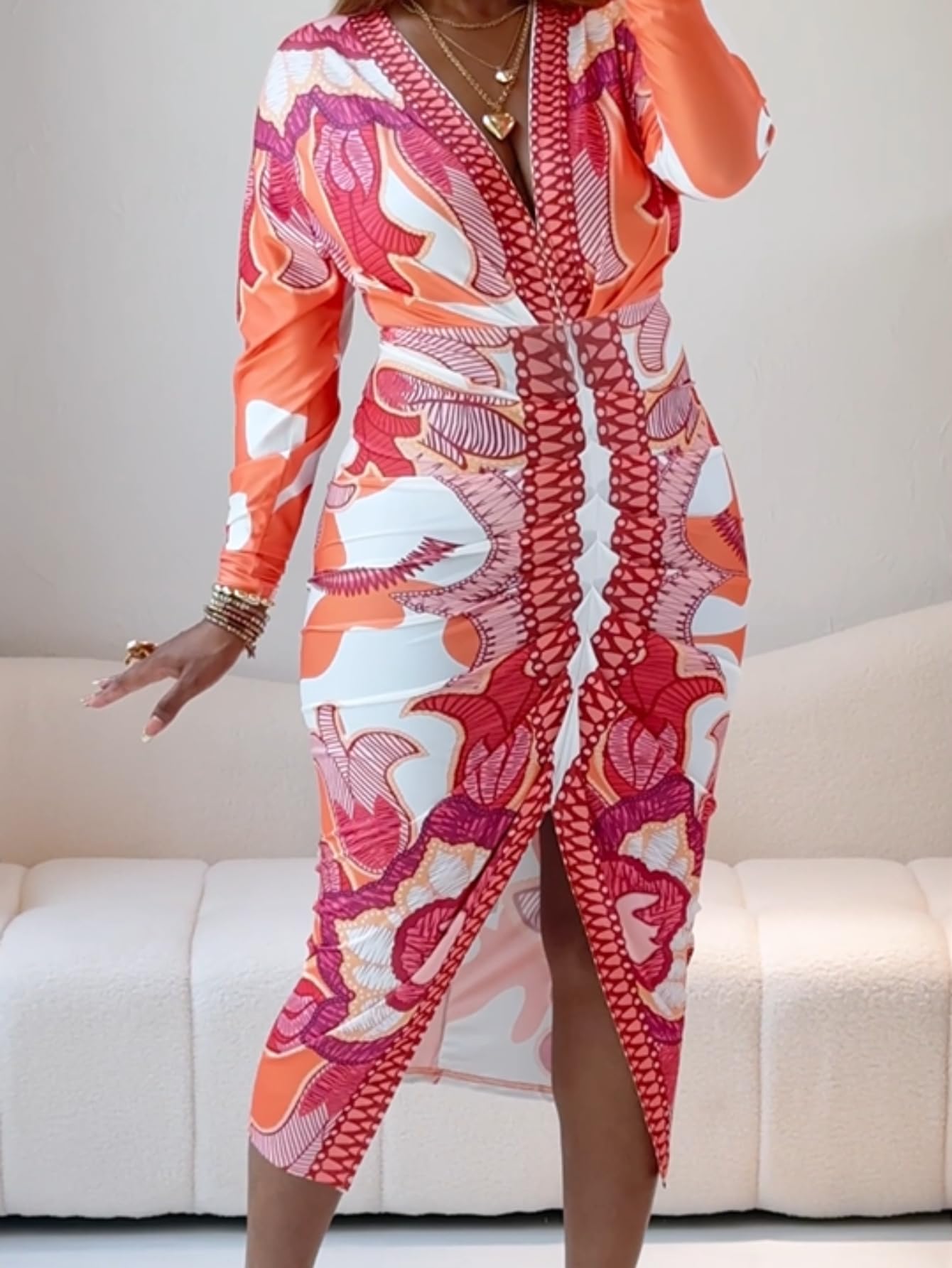 Bodycon Long Sleeve Dress Casual Plunge V Neck Ruched Midi Dress