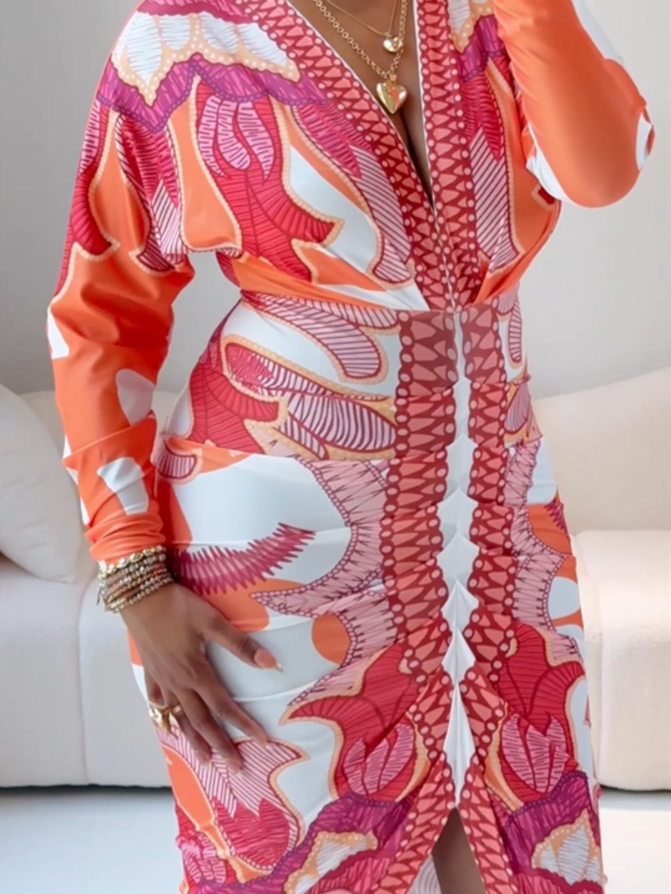 Bodycon Long Sleeve Dress Casual Plunge V Neck Ruched Midi Dress