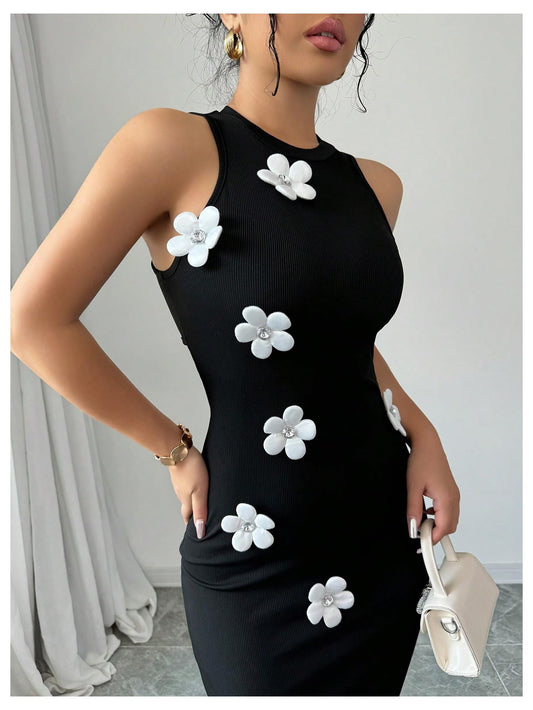 Women's 3D Floral Crewneck Sleeveless Bodycon Maxi Dress