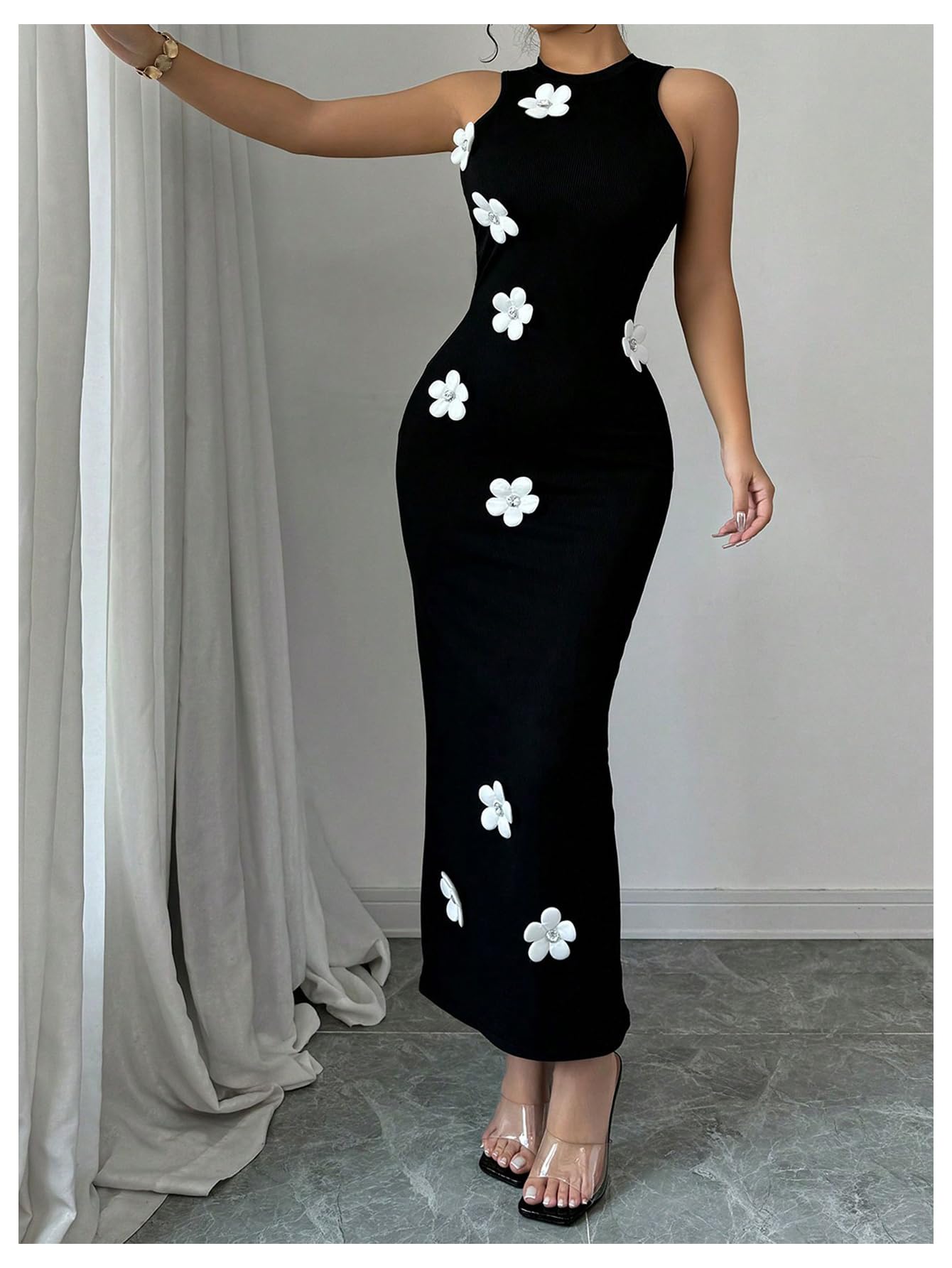 Women's 3D Floral Crewneck Sleeveless Bodycon Maxi Dress