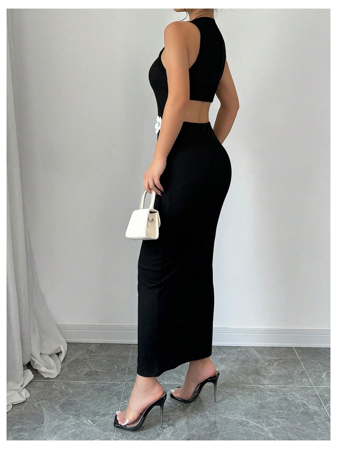 Women's 3D Floral Crewneck Sleeveless Bodycon Maxi Dress