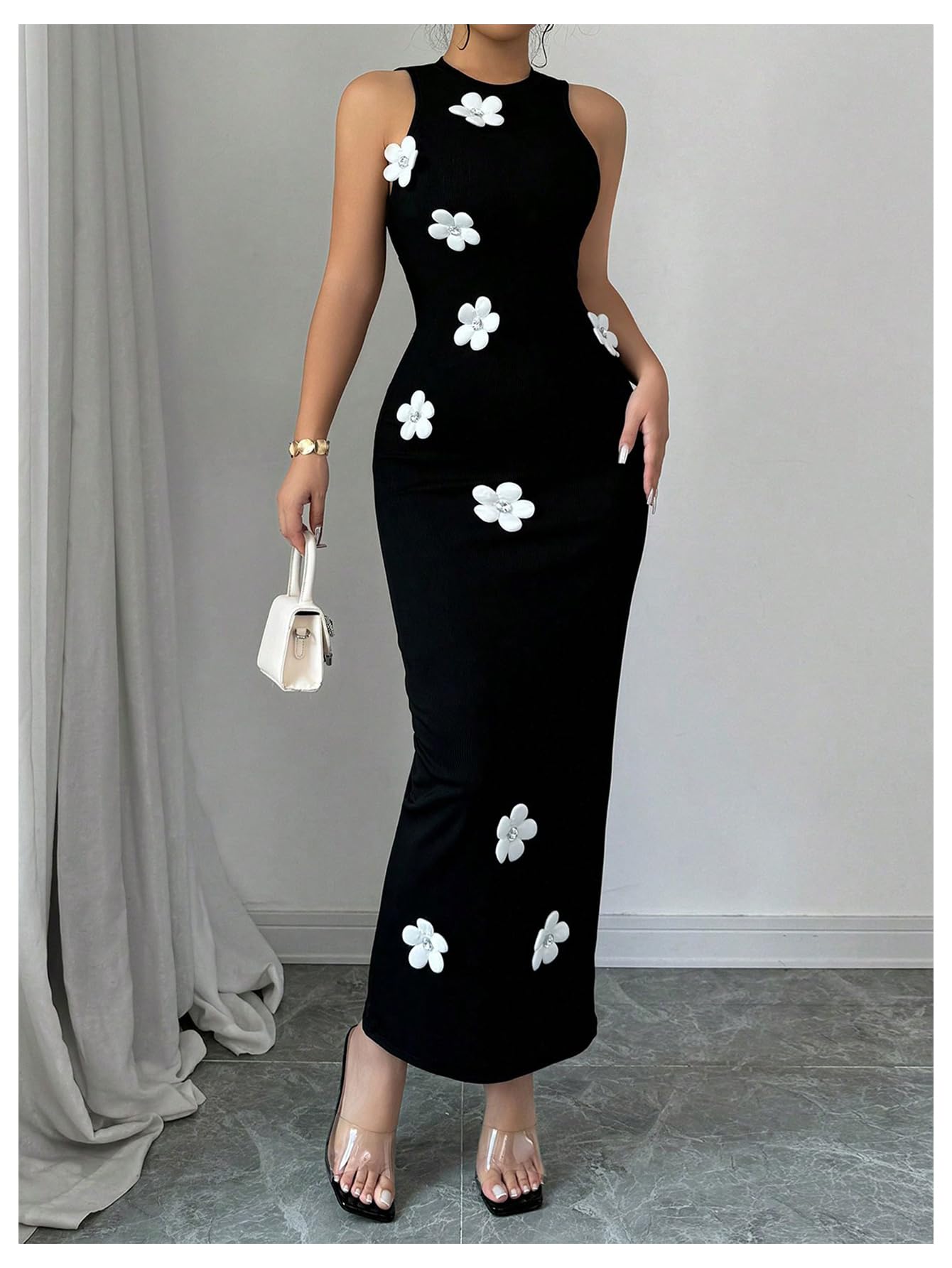 Women's 3D Floral Crewneck Sleeveless Bodycon Maxi Dress