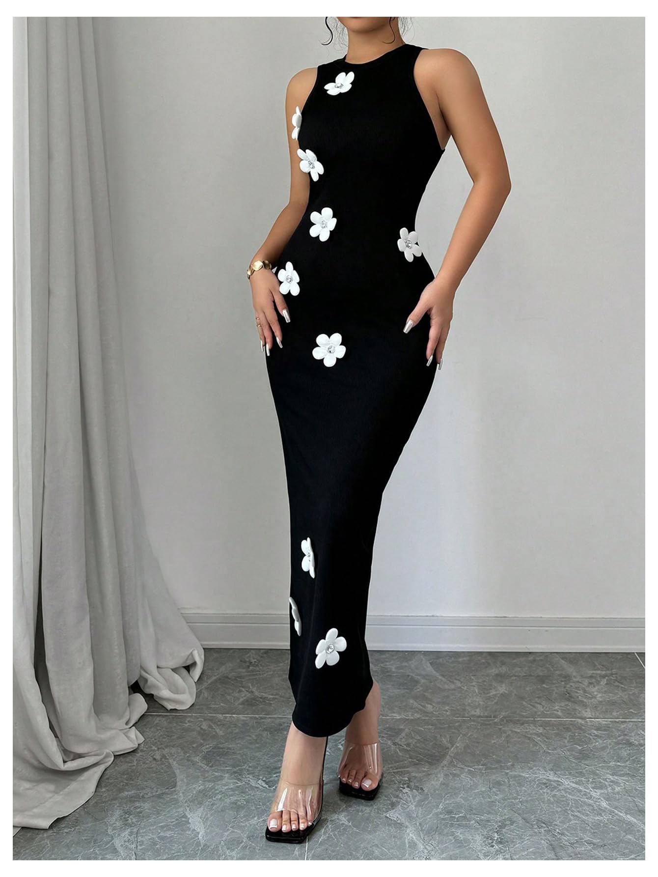 Women's 3D Floral Crewneck Sleeveless Bodycon Maxi Dress
