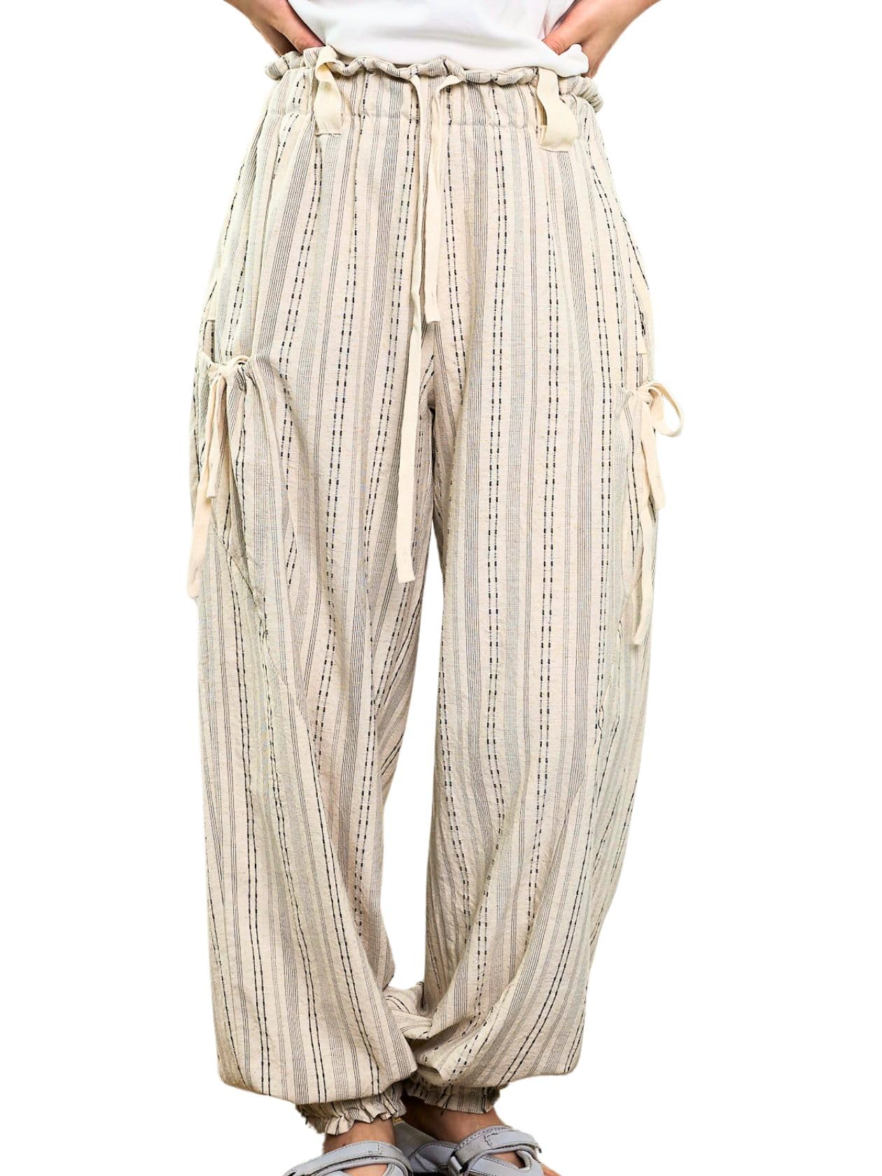 Women Drawstring Striped Pants Loose Wide Leg Casual Lounge Pants With Pockets