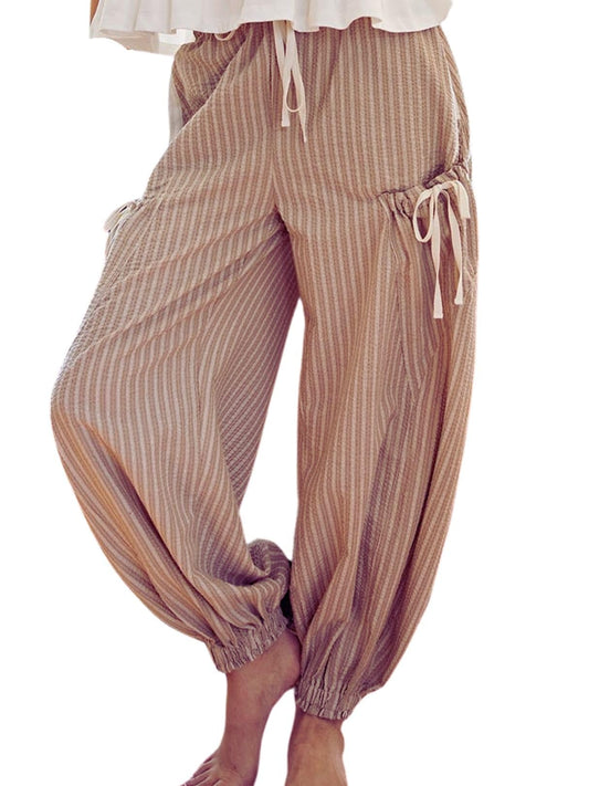 Women Drawstring Striped Pants Loose Wide Leg Casual Lounge Pants With Pockets