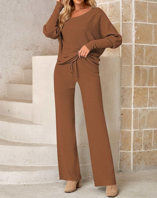 Womens 2 Piece Outfits One-Shoulder Pullover Top Wide Leg Pants Sweatsuit