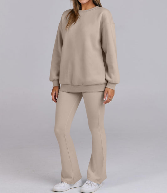 Women Oversized Fleece Crewneck Sweatshirts Flare Pants 2 Piece Lounge Set