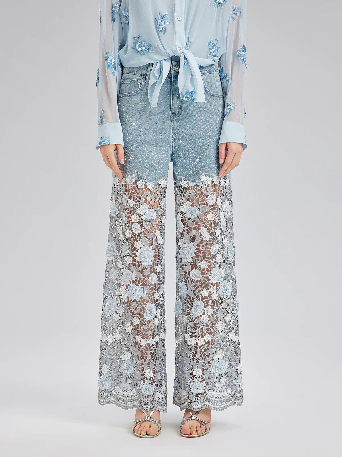 Elegant Rhinestone Lace Denim Jeans
