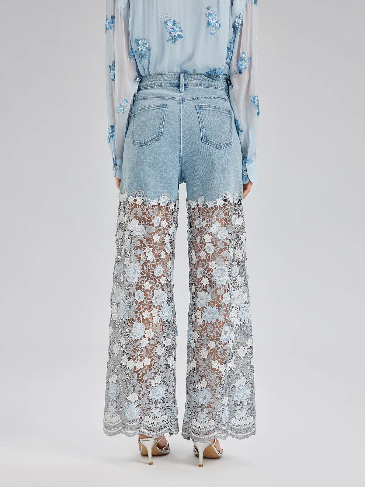 Elegant Rhinestone Lace Denim Jeans