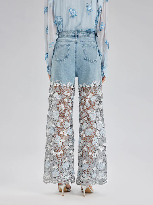 Elegant Rhinestone Lace Denim Jeans