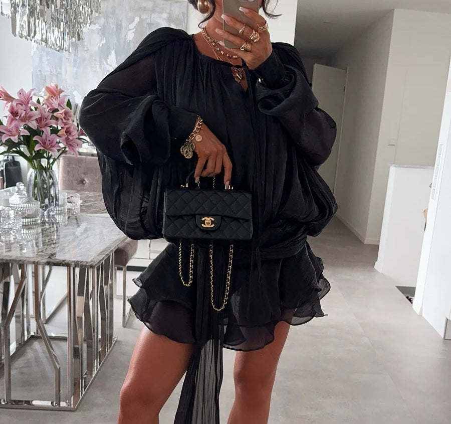 Flowy Chiffon Hollow Out Long Sleeve Dress