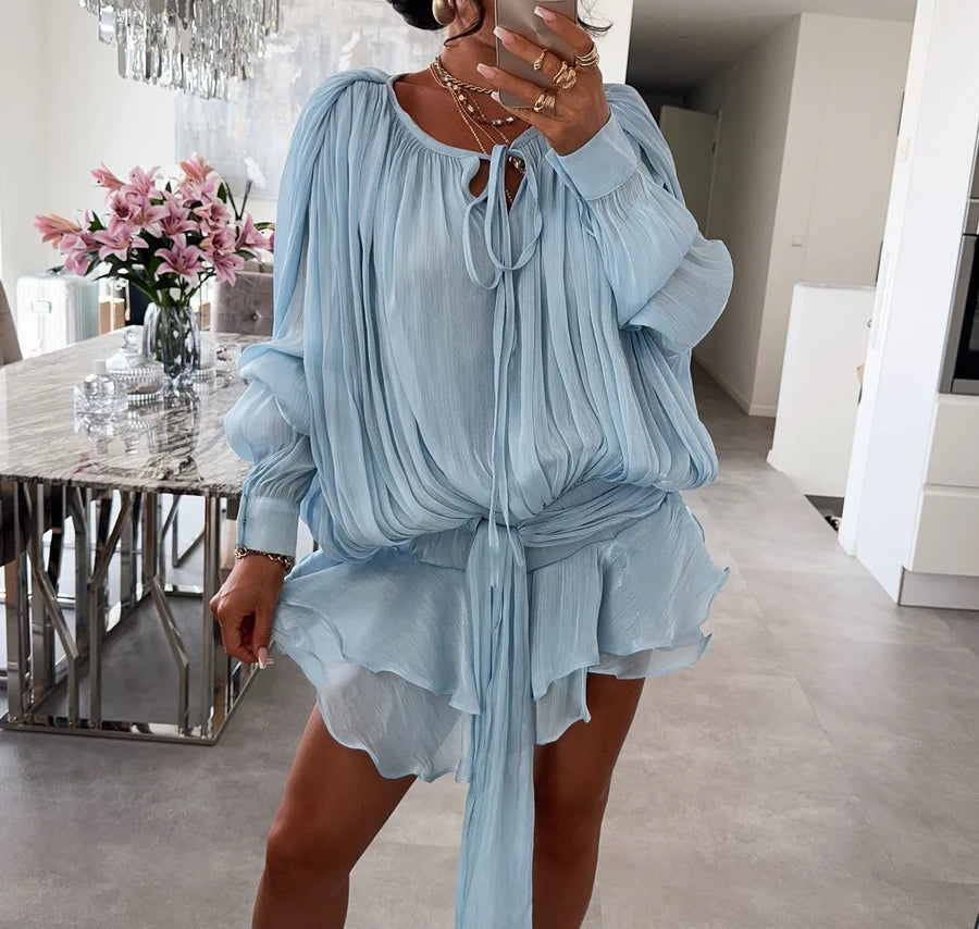 Flowy Chiffon Hollow Out Long Sleeve Dress