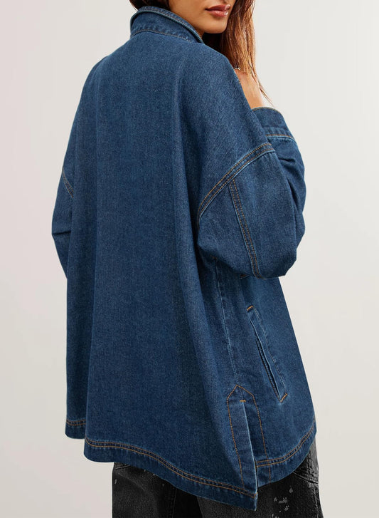Women's Button Up Long Sleeve Split Denim Jacket