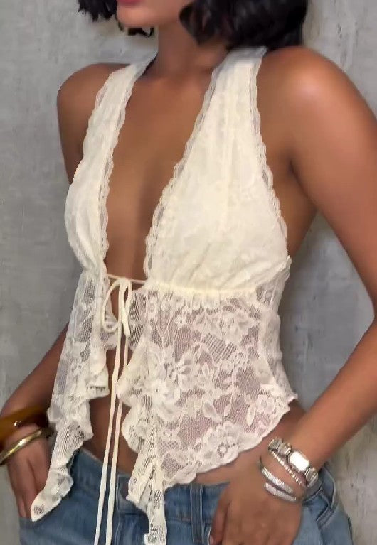 Sexy Deep V Hollow Lace Halter Neck Drawstring Top