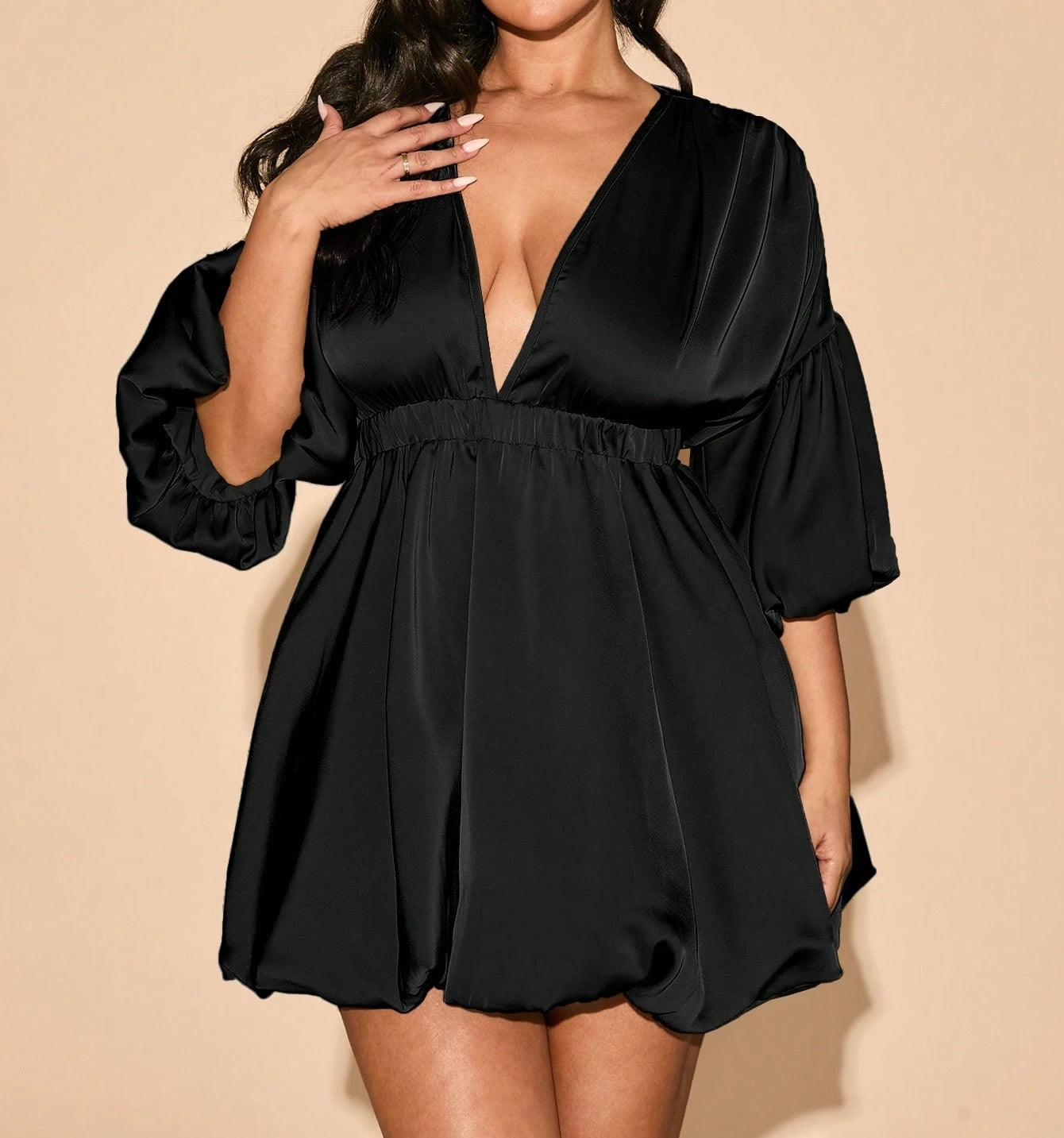 Deep V-Neck Bud Shape Elastic Waist Mini Dress
