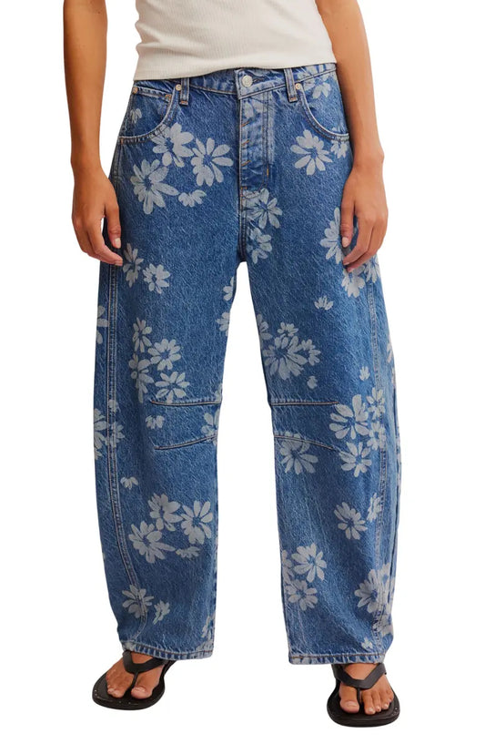 Daisy Floral Print Barrel Jeans