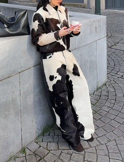 Cowhide Leather Biker Jacket & Jeans Set