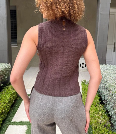 Brown Sleeveless Knit Crop Top With Pearl Embellishments