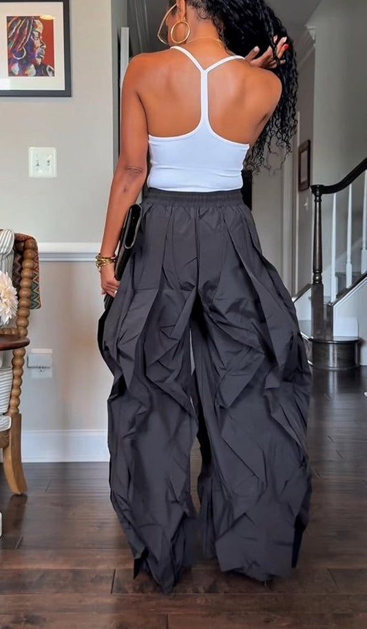 Wavy Oversized Ruffle Drawstring Elastic Waist Pants