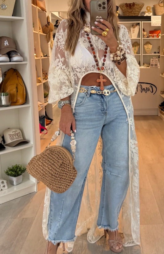 Long Lace Crew Neck Top