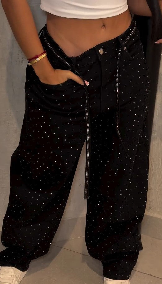Black Wide-Leg Rhinestone Jeans