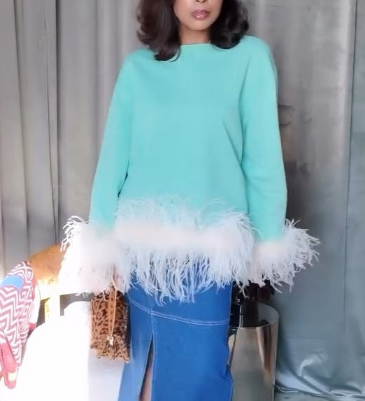 Mint Green Feather Embellished Sweatshirt