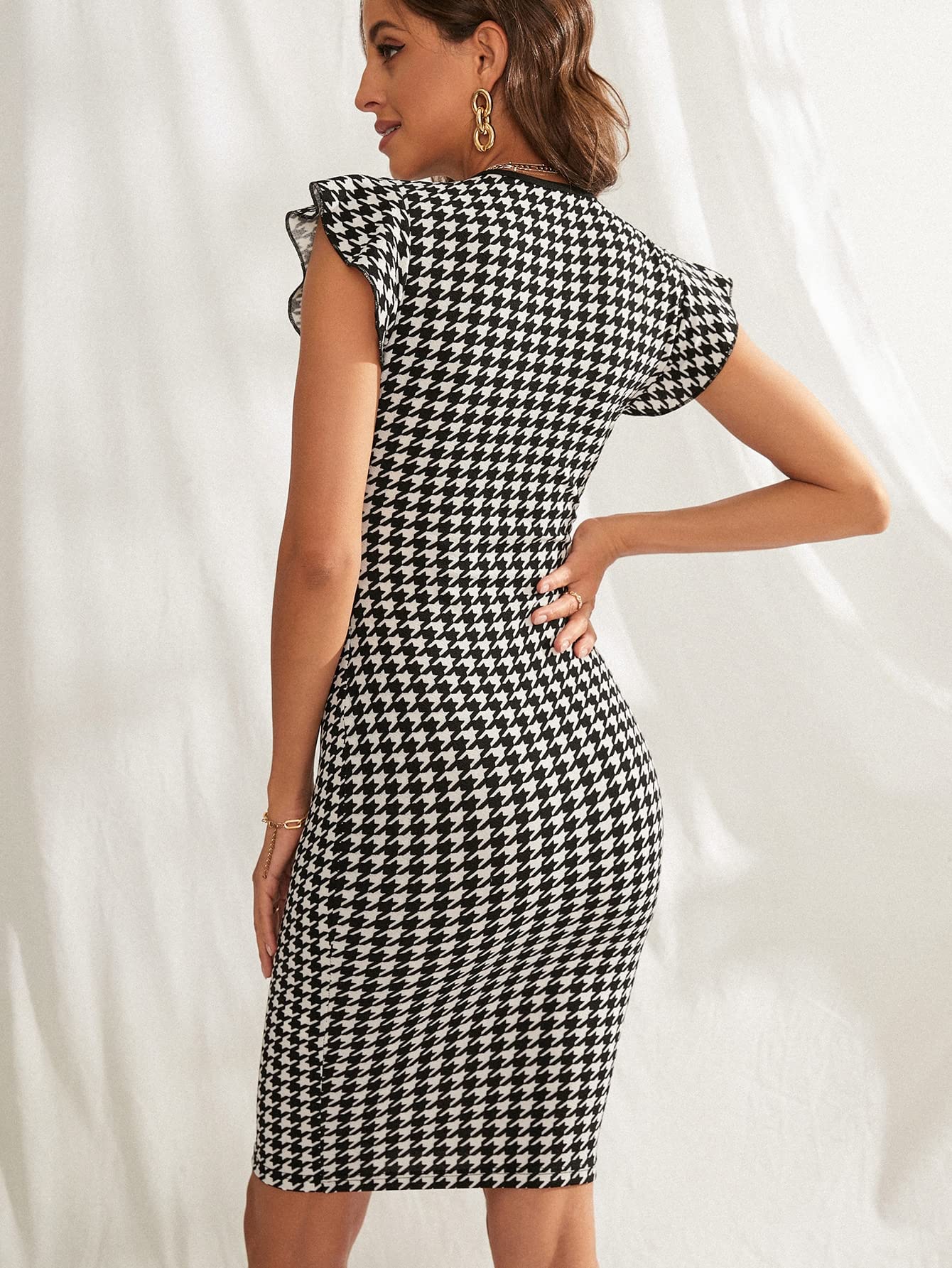 Houndstooth Print Ruffle Trim Bodycon Dress