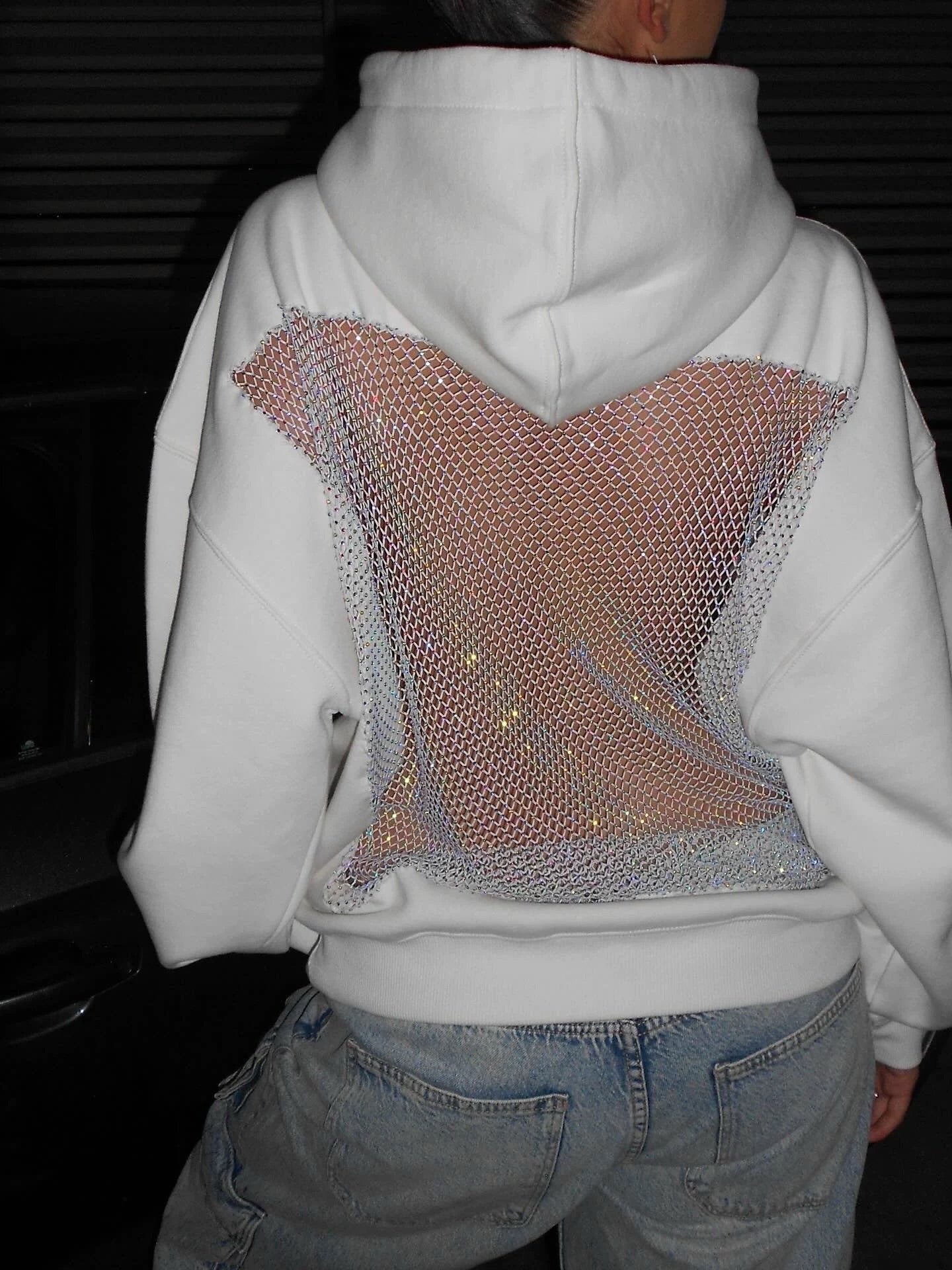 Oversize Casual Shiny Hollow Mesh Long Sleeve Hooded Sweatshirt