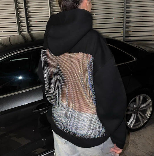 Oversize Casual Shiny Hollow Mesh Long Sleeve Hooded Sweatshirt