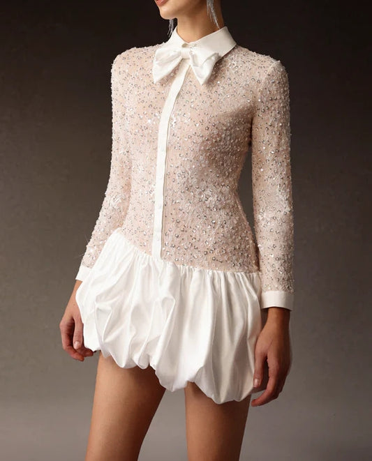 Long Sleeveless Embroidery Lace Sequin Puff Mini Dress