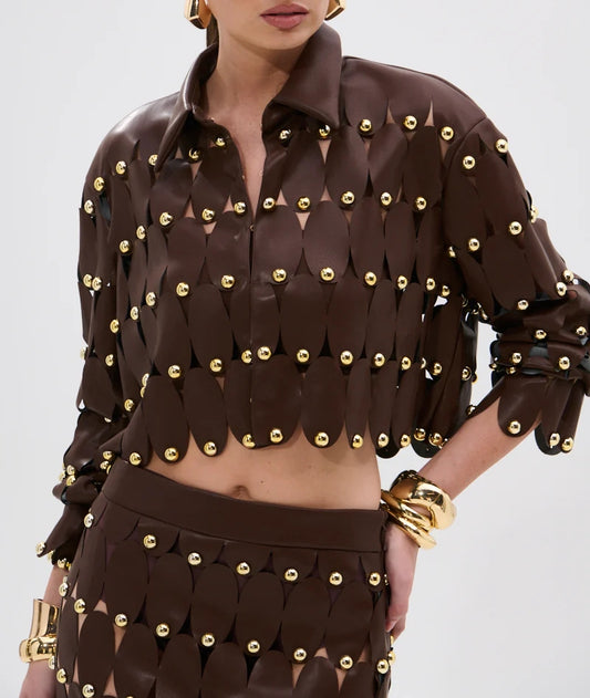 Brown Studded PU Midi Skirt Set