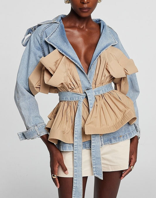 Khaki Pleated Denim Jacket
