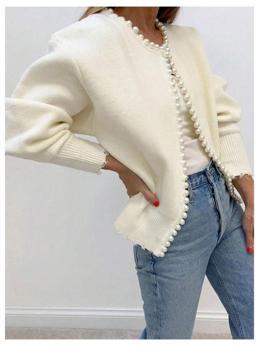 Knitted Cardigan With Beaded Decoration And Irregular Raw Edges