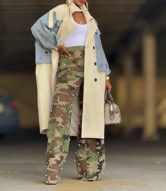 Camouflage Pants With Pearl Embellishments