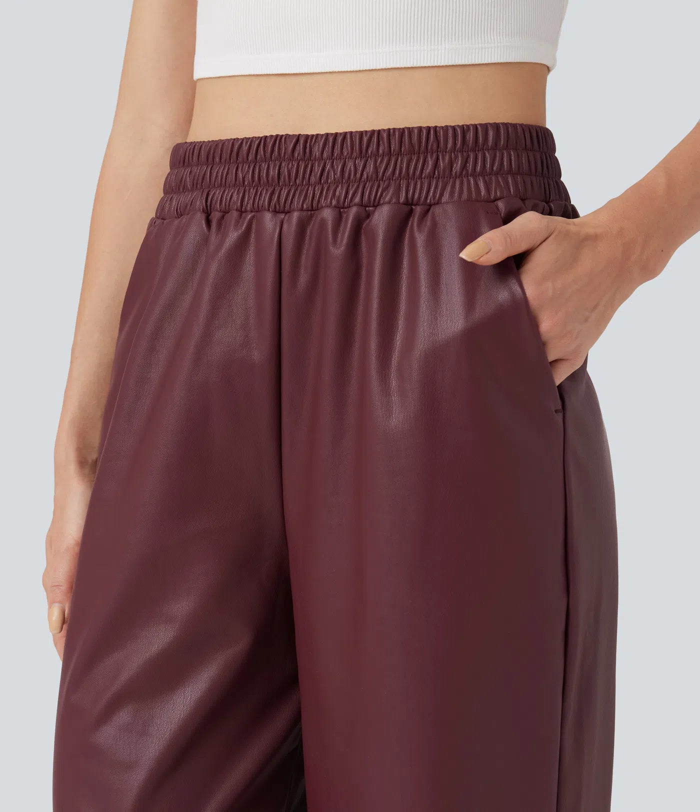 High Waisted Straight Leg Casual PU Leather Pants With Pockets