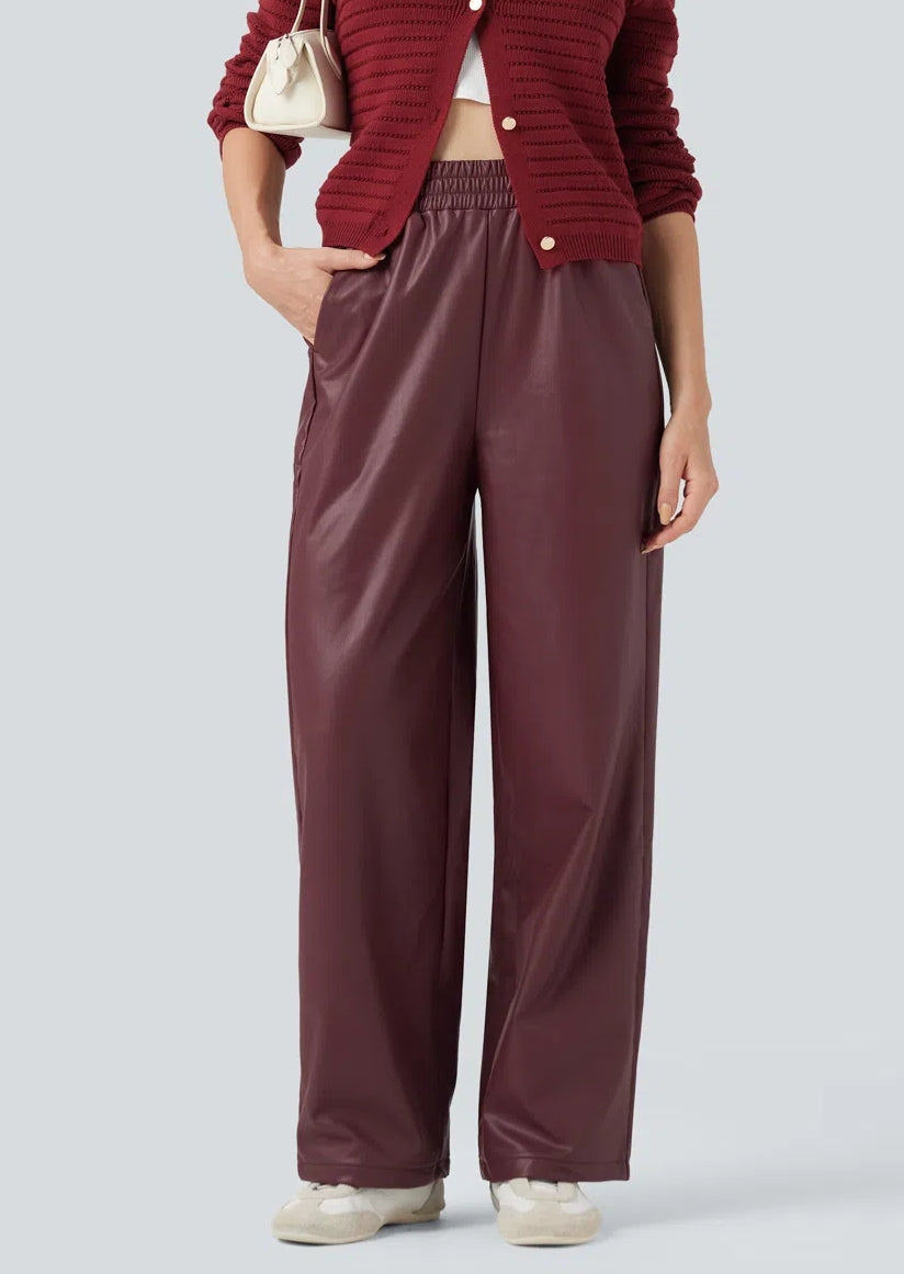 High Waisted Straight Leg Casual PU Leather Pants With Pockets