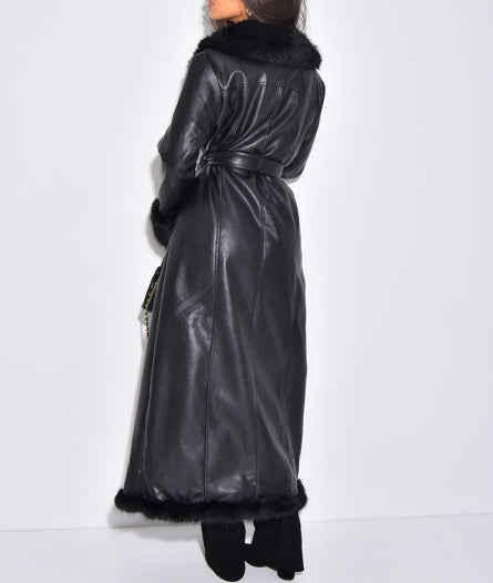 Extra Long Faux Leather Coat With Faux Fur Trim