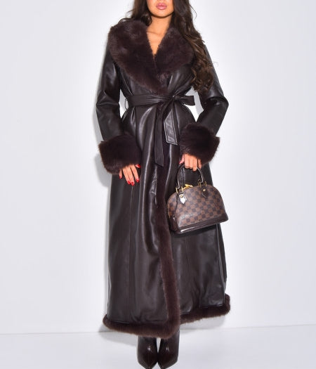 Extra Long Faux Leather Coat With Faux Fur Trim