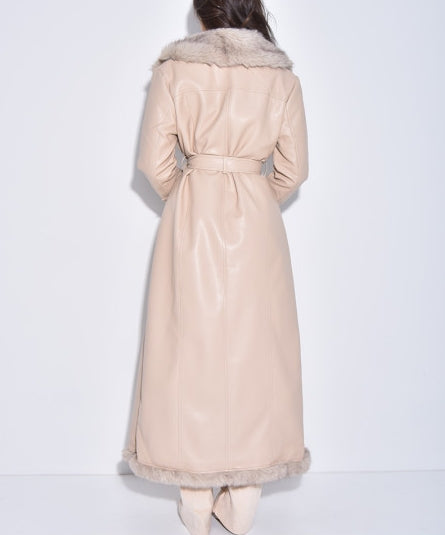 Extra Long Faux Leather Coat With Faux Fur Trim